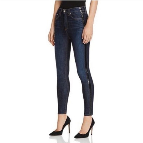 Rag & Bone | High Rise Ankle Skinny Dark Wash Patent Tuxedo Stripe Size 29 - Picture 1 of 15